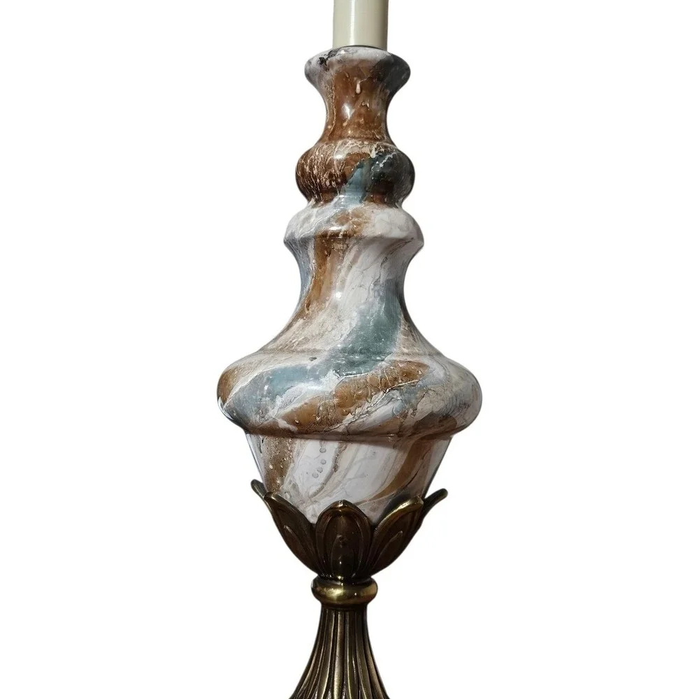 Mid Century Antique Marble Table Lamp W/ Beaded VictorianShade Brass Base Urn